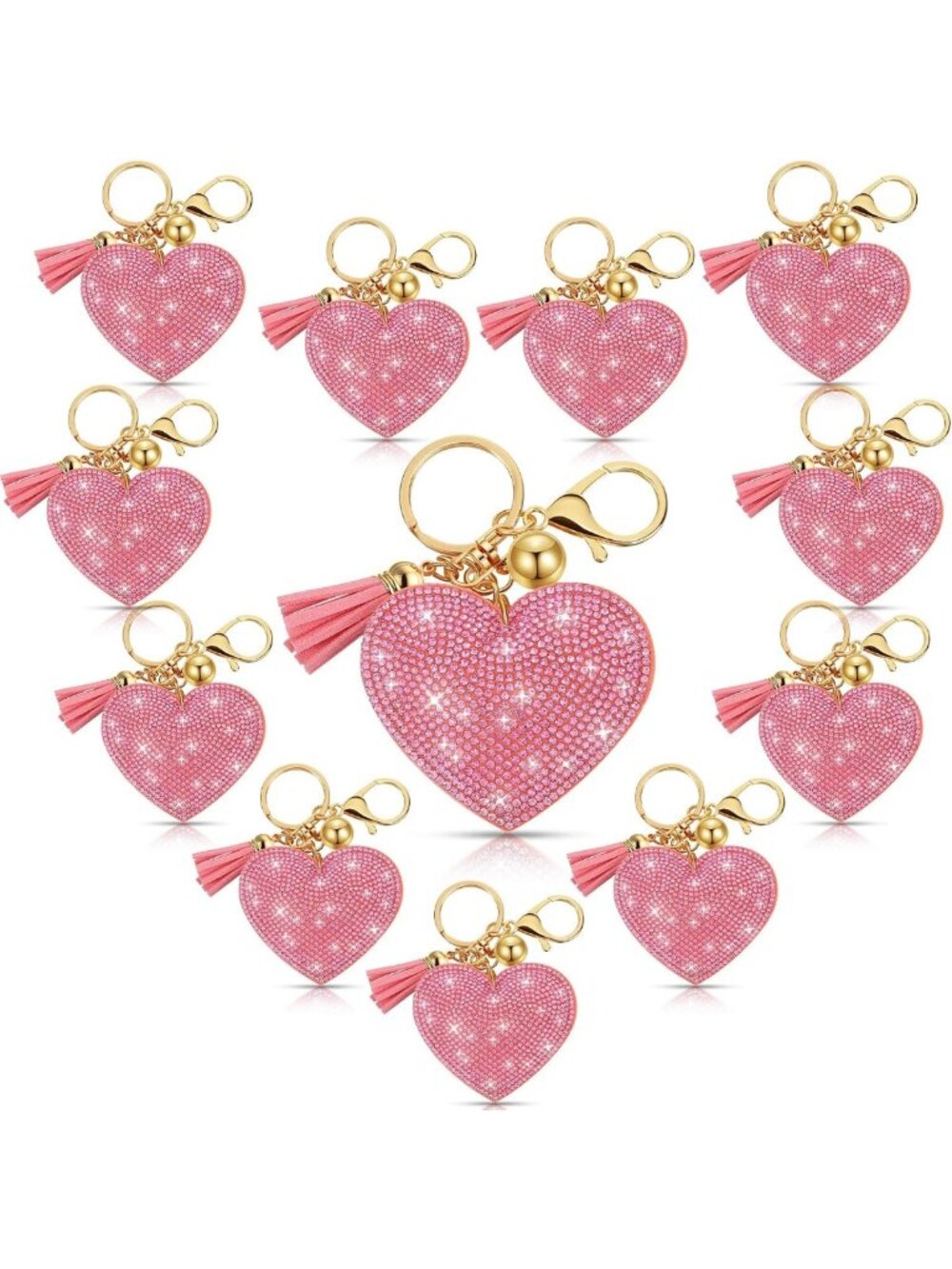 Valentine's Day Rhinestone Heart Keychains Set | Glitter Bling Tassel Gifts